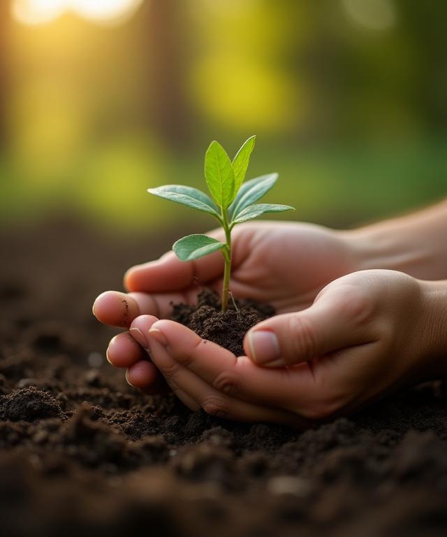 A volunteer's hands planting a small sapling in a reforestation project area.