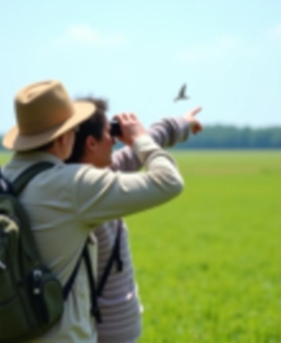 A Sakura Flight guide pointing out a distant bird to an engaged guest, both holding binoculars.